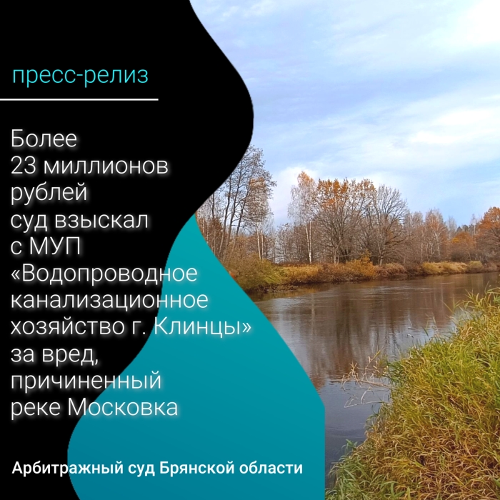 Более 23 миллионов рублей суд взыскал с МУП «Водопроводное канализационное хозяйство г. Клинцы» за вред, причиненный реке Московка